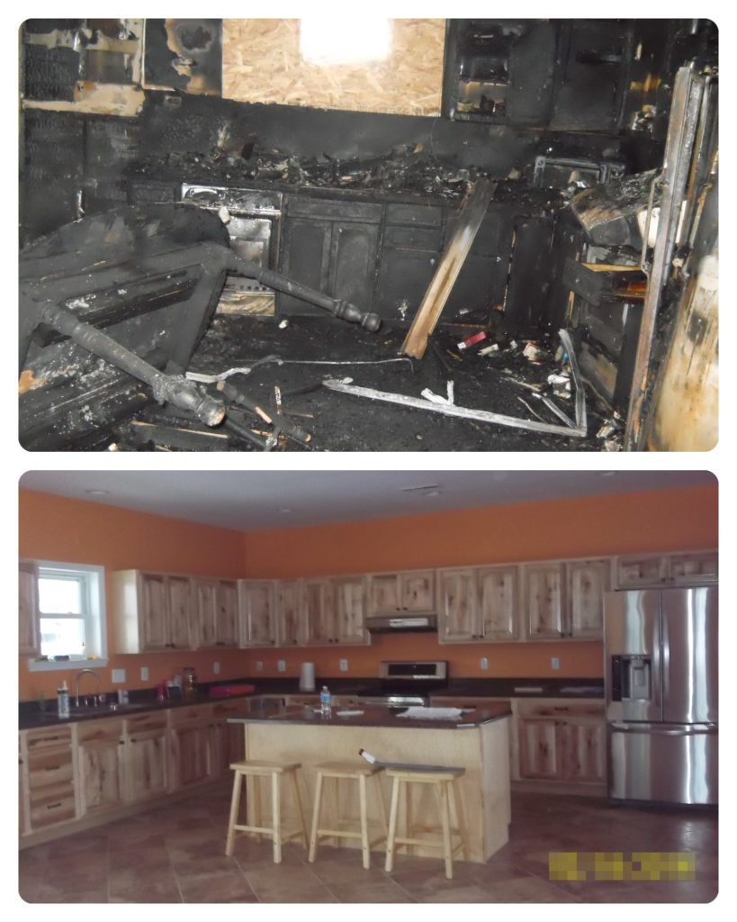 before and after photos of a large kitchen that was damaged by fire and restored