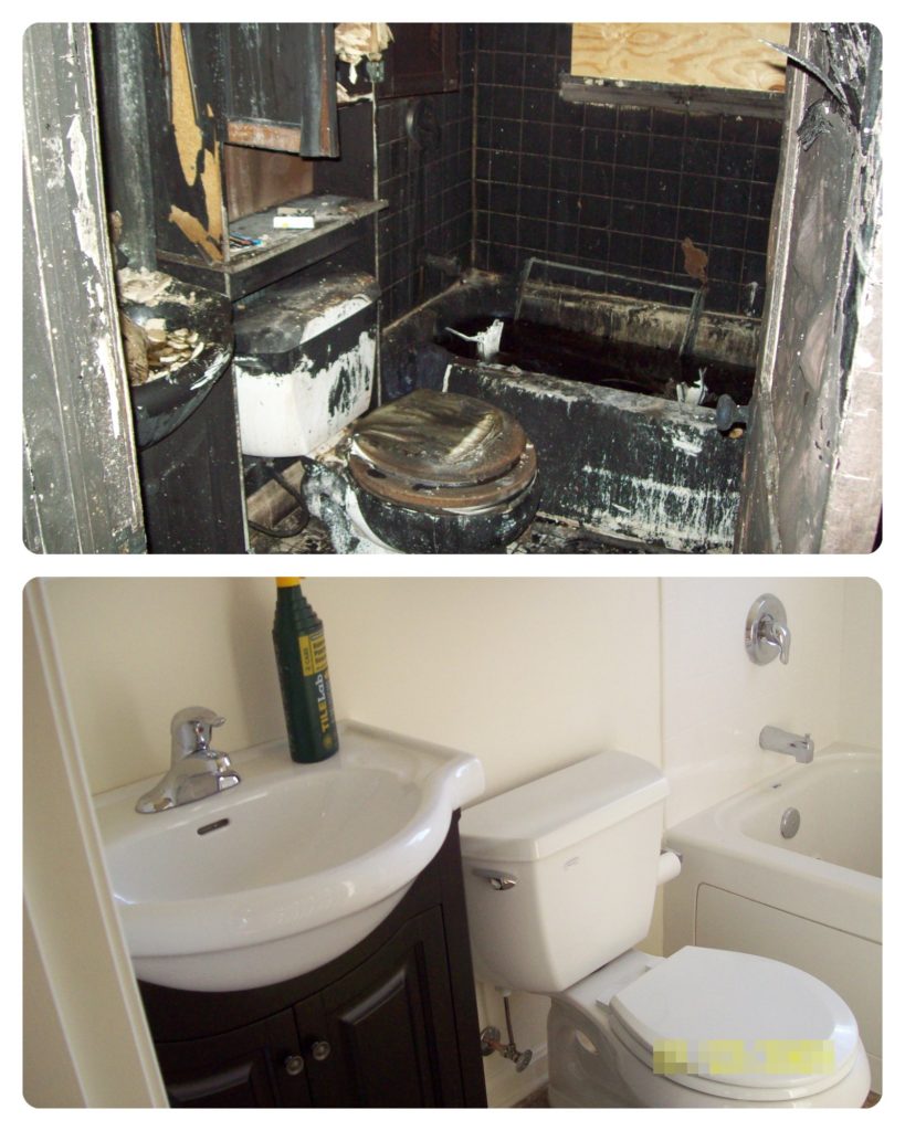 before and after photos of a bathroom destroyed by fire