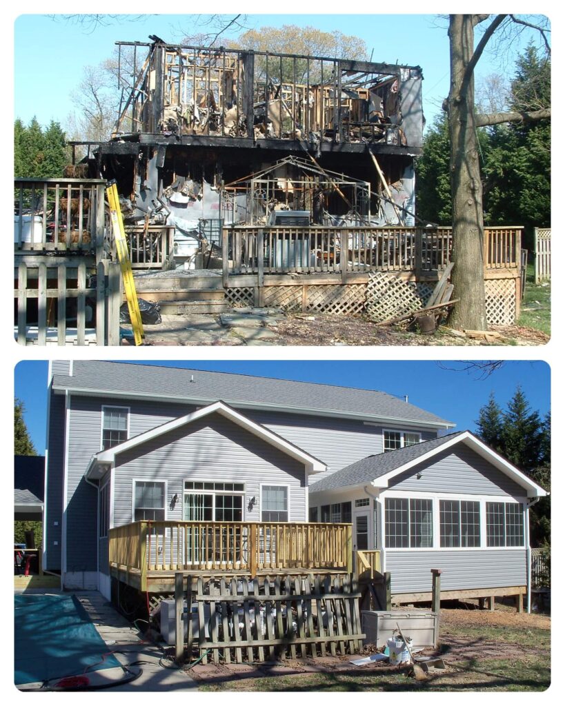 before and after of the exterior of a blue home that was heavily damaged by fire