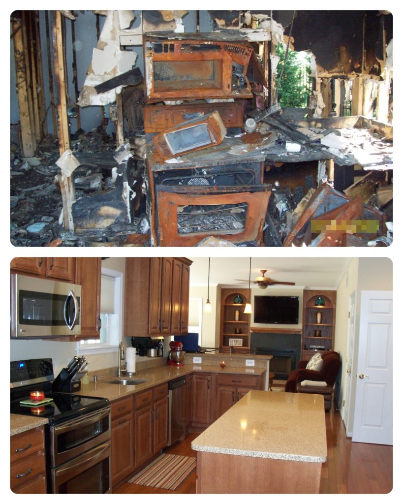 before and after of the interior of a kitchen that was damaged by fire