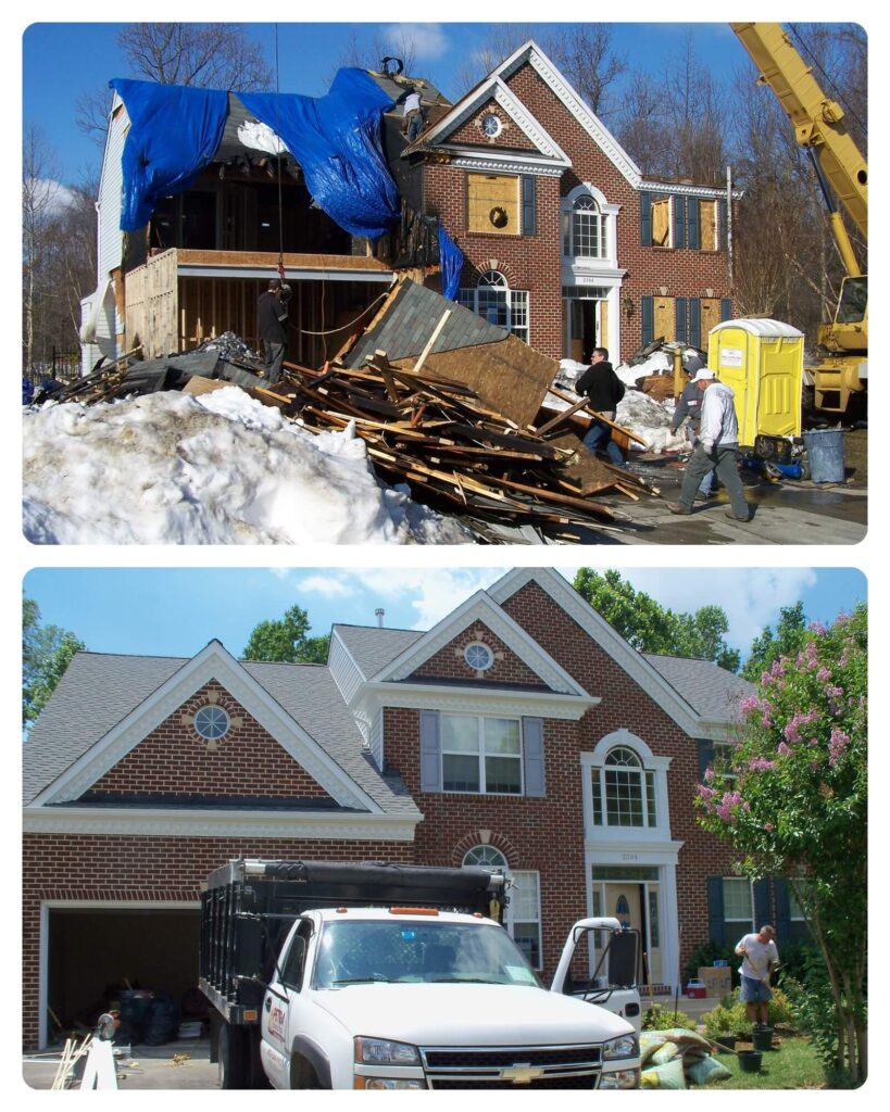 before and after of the exterior of a large brick home that had experienced heavy damage