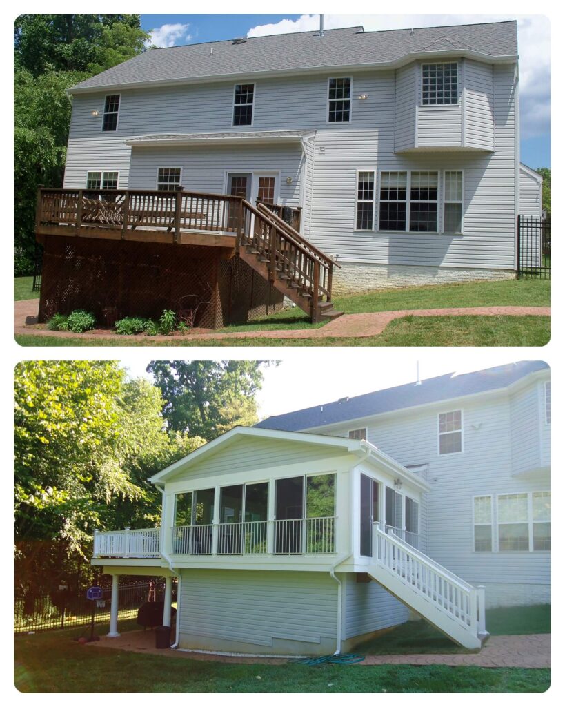 before and after of a home with a newly updated deck