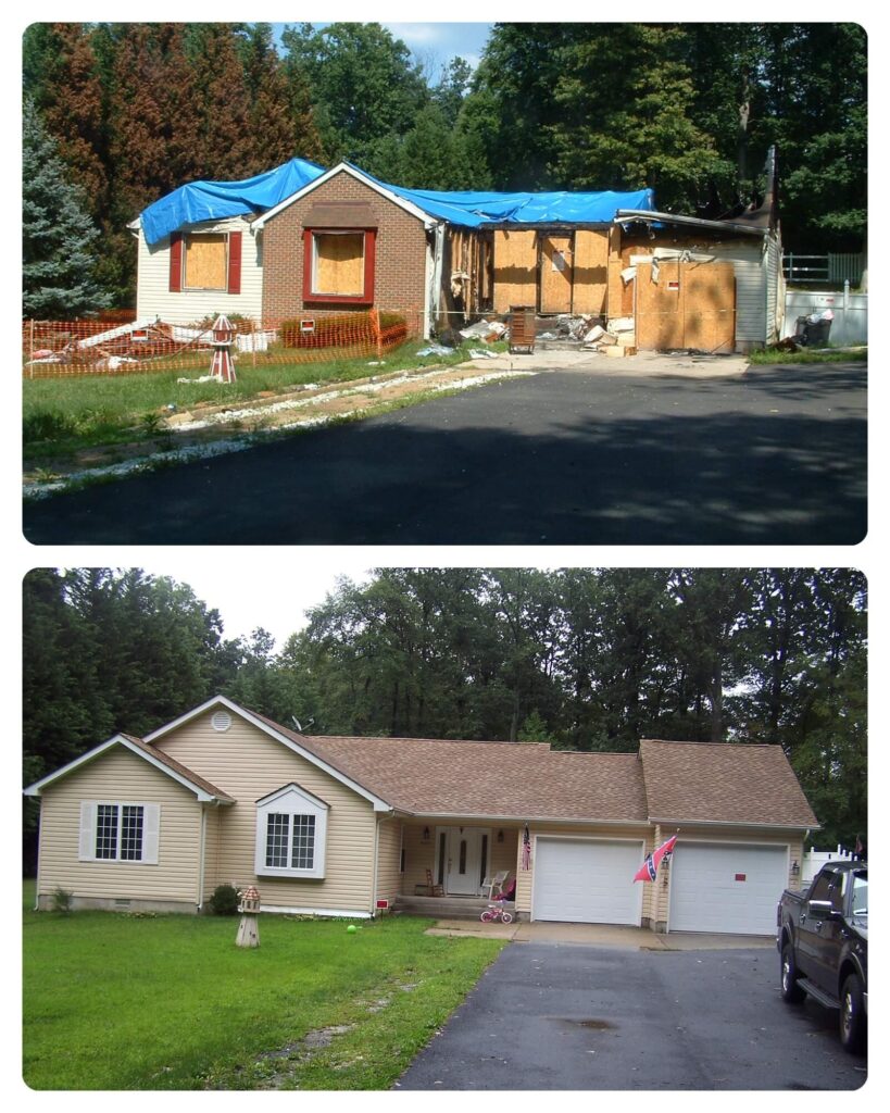 before and after of a single-family home that experienced fire damage