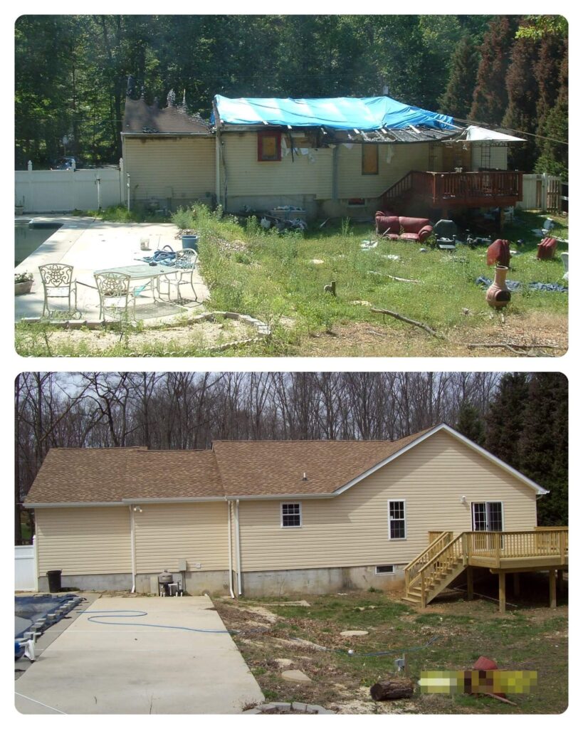 before and after of a home that experienced storm damage