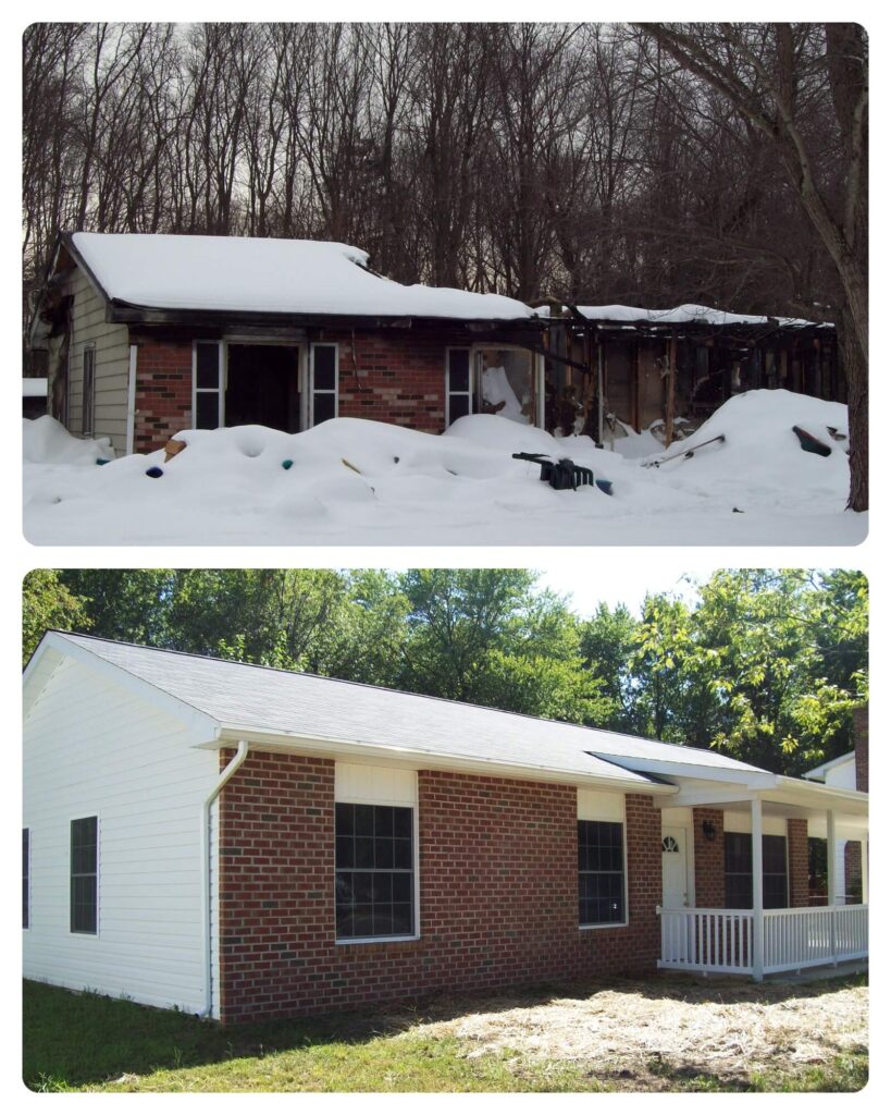 before and after of a home that experienced winter storm damage on its roof