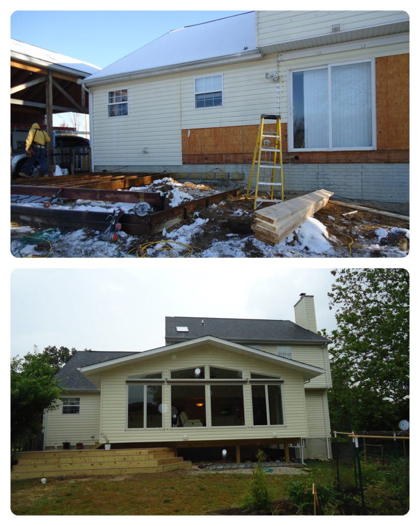 before and after photos of a home that experienced storm damage