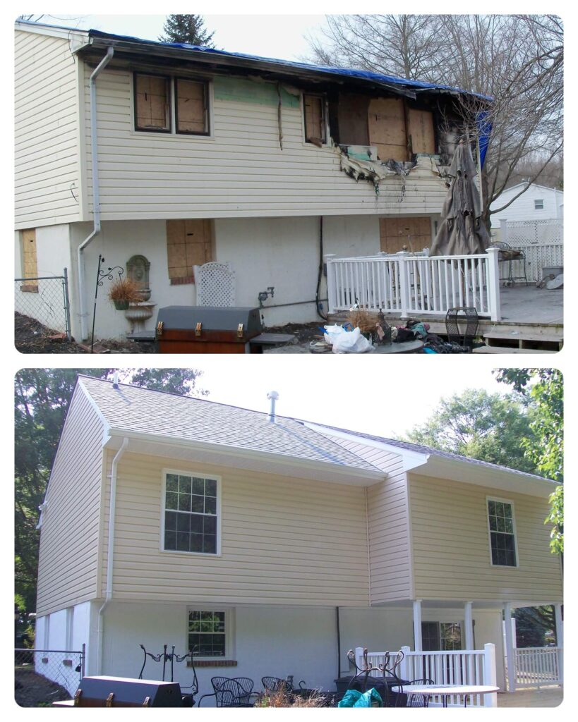 before and after photo of a home that experienced fire damage on the top level and roof